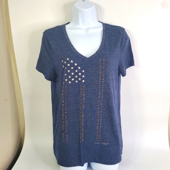 Tommy Hilfiger USA Flag Short Sleeve T-Shirt Women's Medium Blue Gold - Picture 1 of 6
